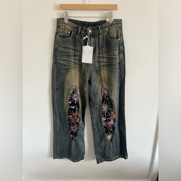 NWT AELFRIC EDEN FIREWORK BEADWORK BAGGY JEANS, size 34 - Picture 2 of 5